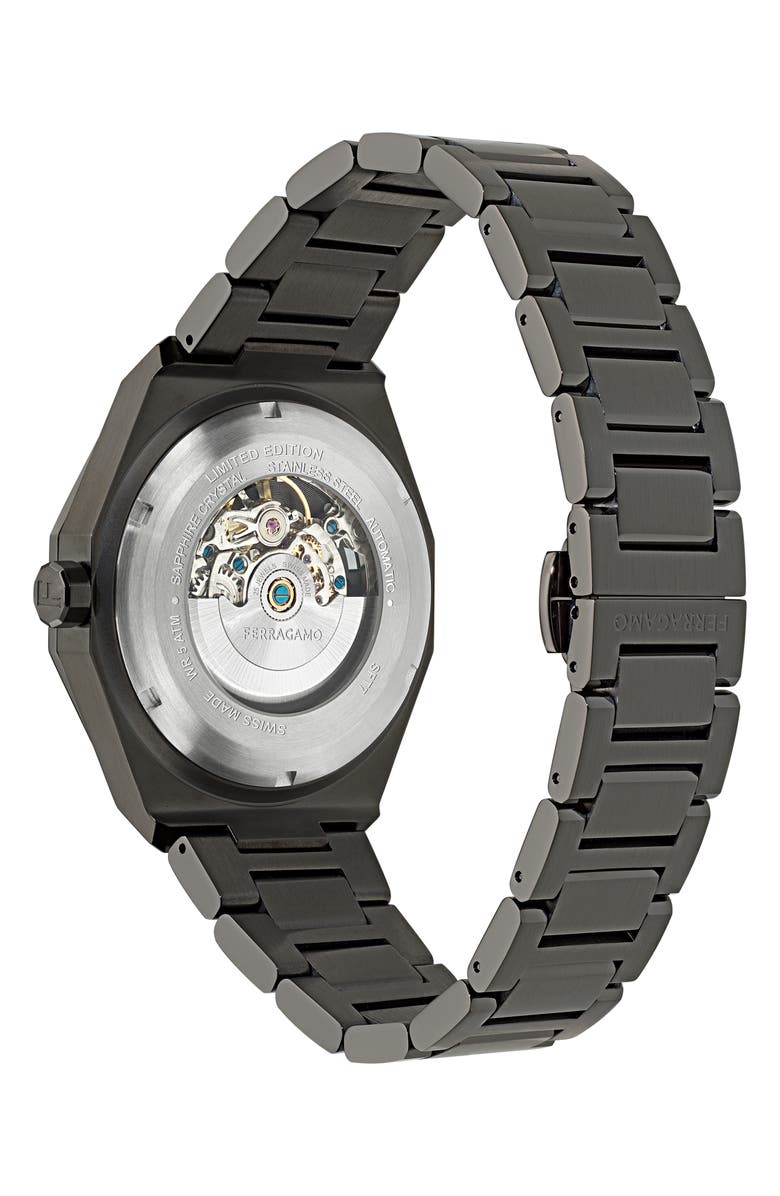 FERRAGAMO Edge Skeleton Automatic Bracelet Watch, 42mm, Alternate, color, Ip Gunmetal