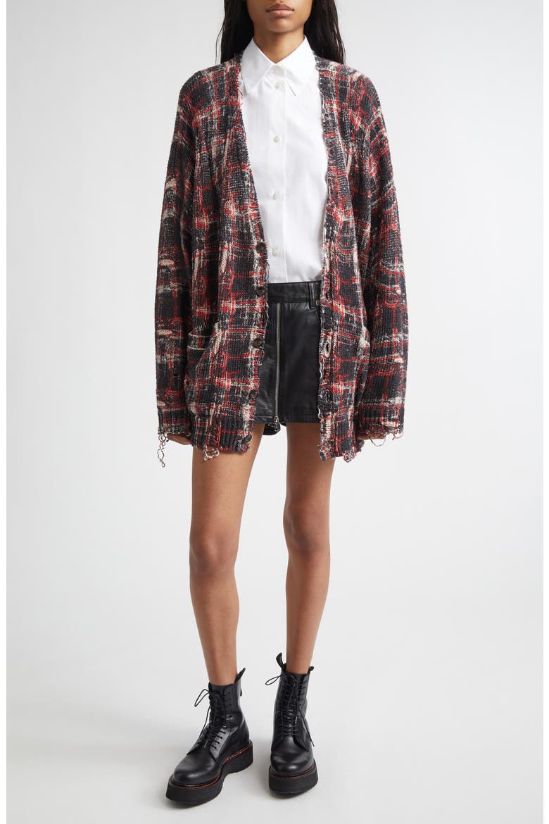 Oversize Distressed Plaid Linen Blend Cardigan, Alternate, color, BLACK/ RED/ WHITE PLAID