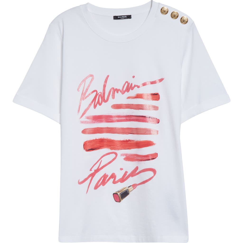 Shop Balmain 3-button Lipstick Graphic T-shirt In White/multi-pink