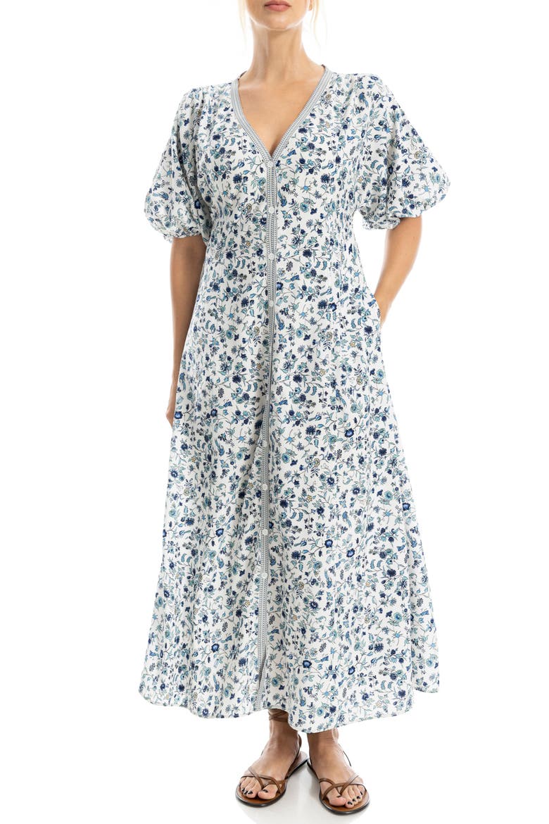 V-Neck Puff Sleeve Maxi Dress, Alternate, color, ECRU/ BLUE AZALEA CHINTZ