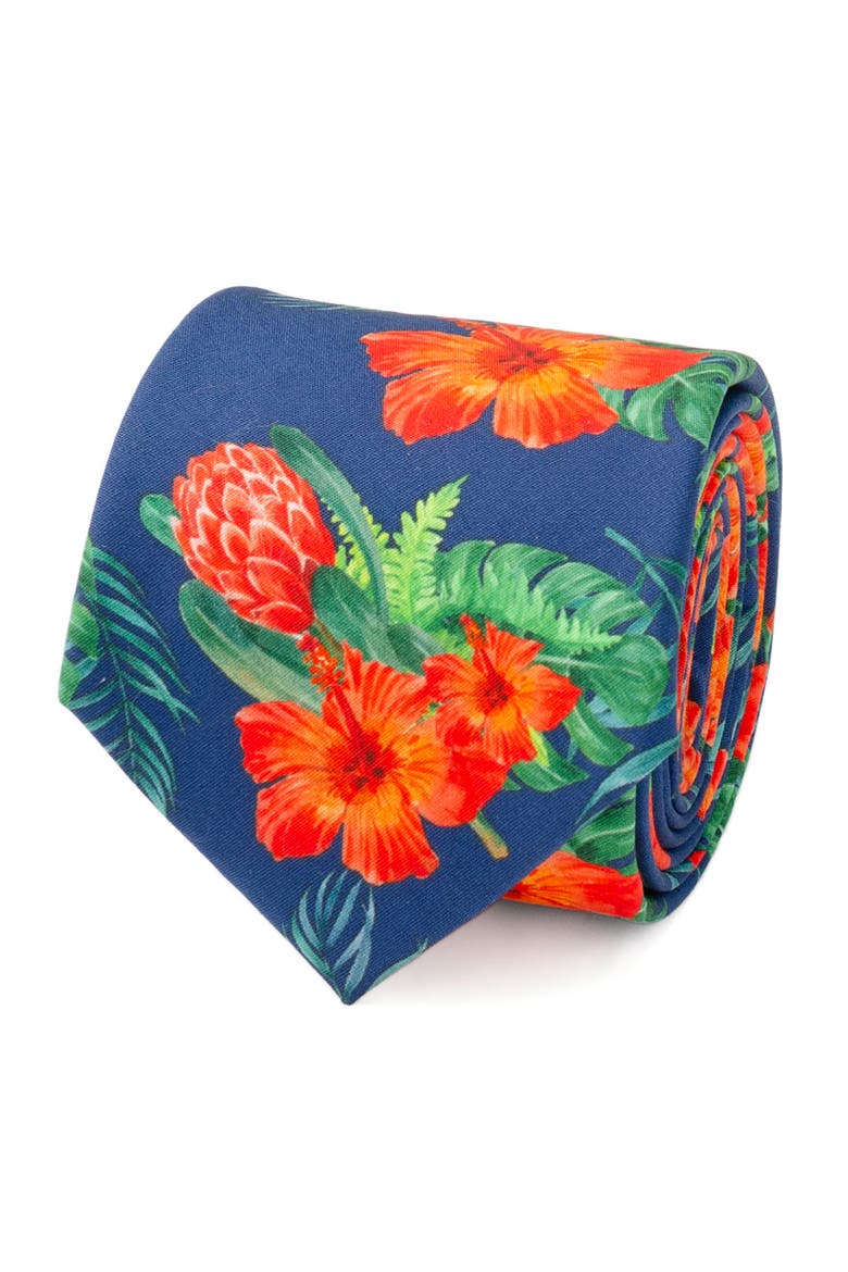 Tropical Hibiscus Silk Blend Tie, Alternate, color, NAVY
