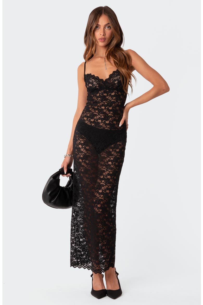 Xandra Sheer Lace Maxi Dress, Alternate, color, BLACK