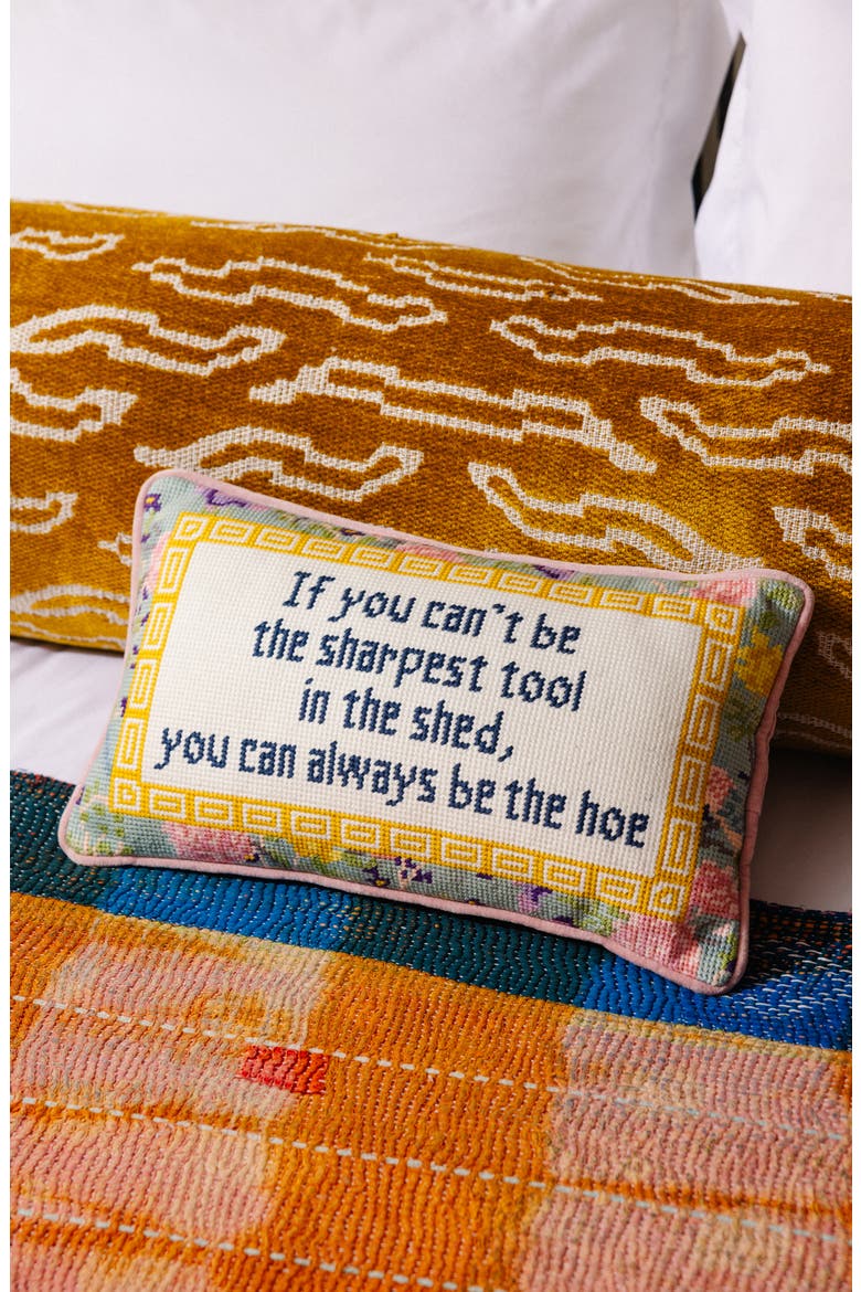 Sharpest Tool Needlepoint Pillow, Alternate, color, Coral Pink, Yellow, Ivory