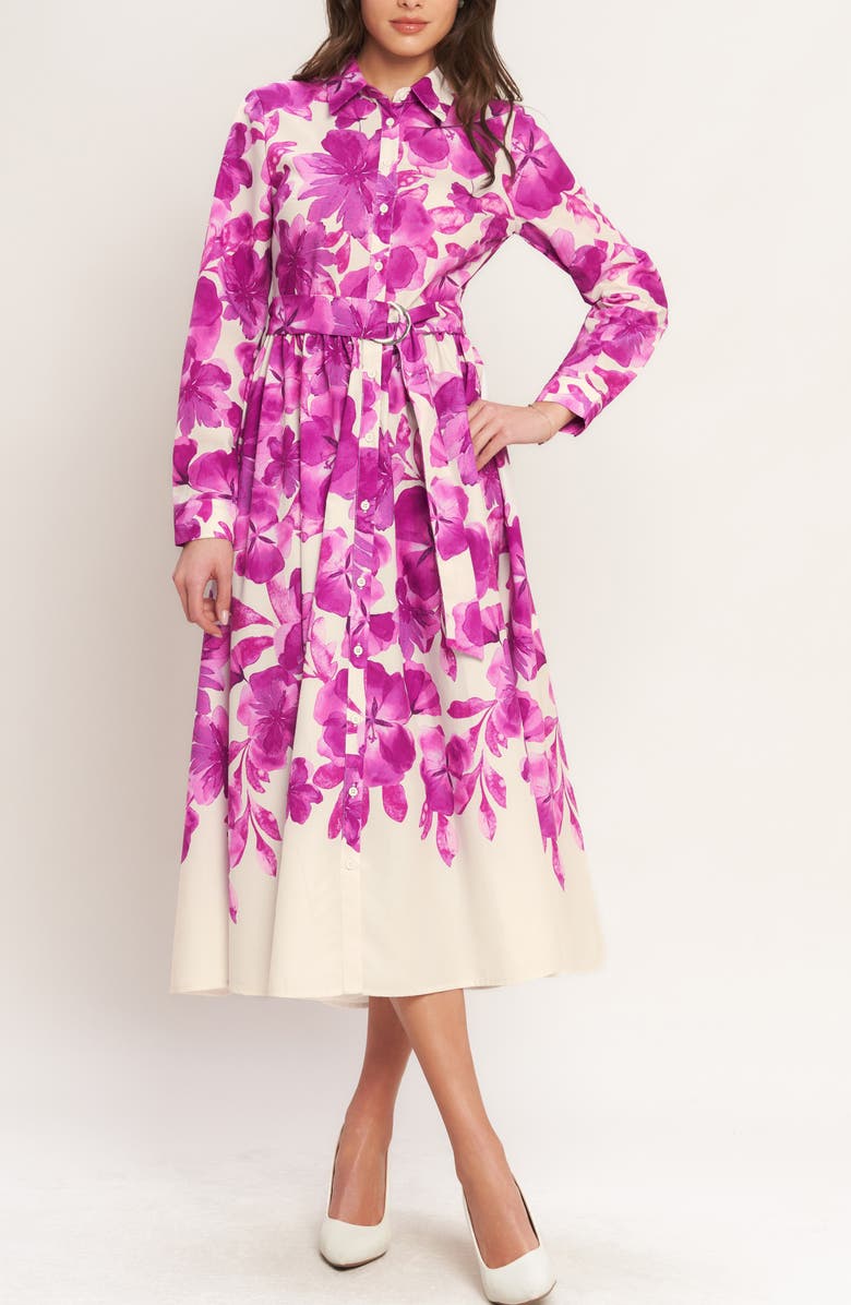 FLYING TOMATO Floral Long Sleeve Midi Shirtdress, Alternate, color, Ivory Fuchsia Floral