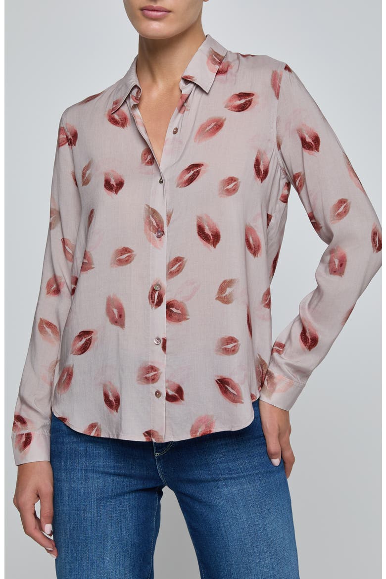 Holly Lips Pattern Woven Shirt, Main, color, TAUPE/ DARK RED KISS