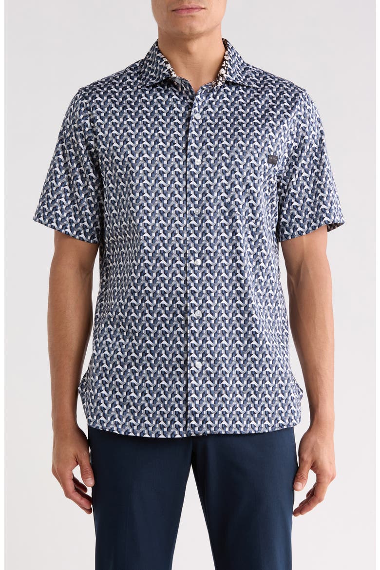 Geometric Print Stretch Cotton Shirt, Main, color, DARK DENIM