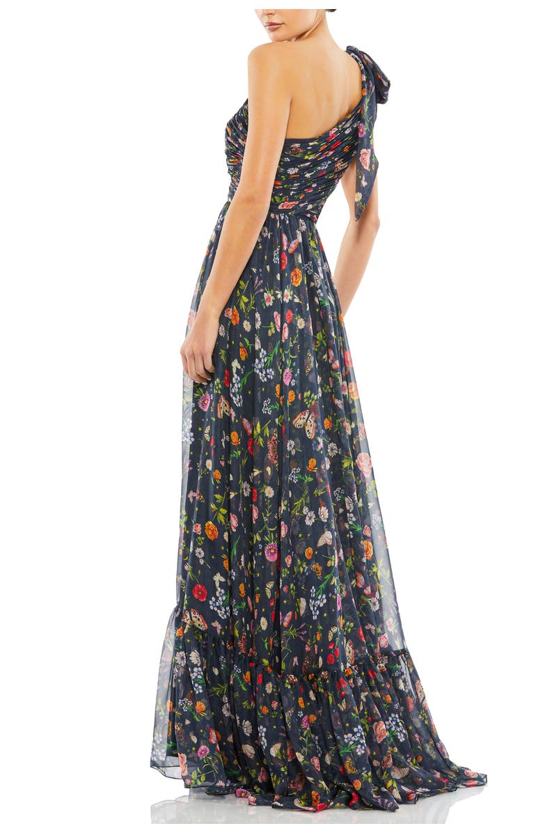Mac Duggal Tied One Shoulder Cut-Out Flowy Gown, Alternate, color, Navy Multi