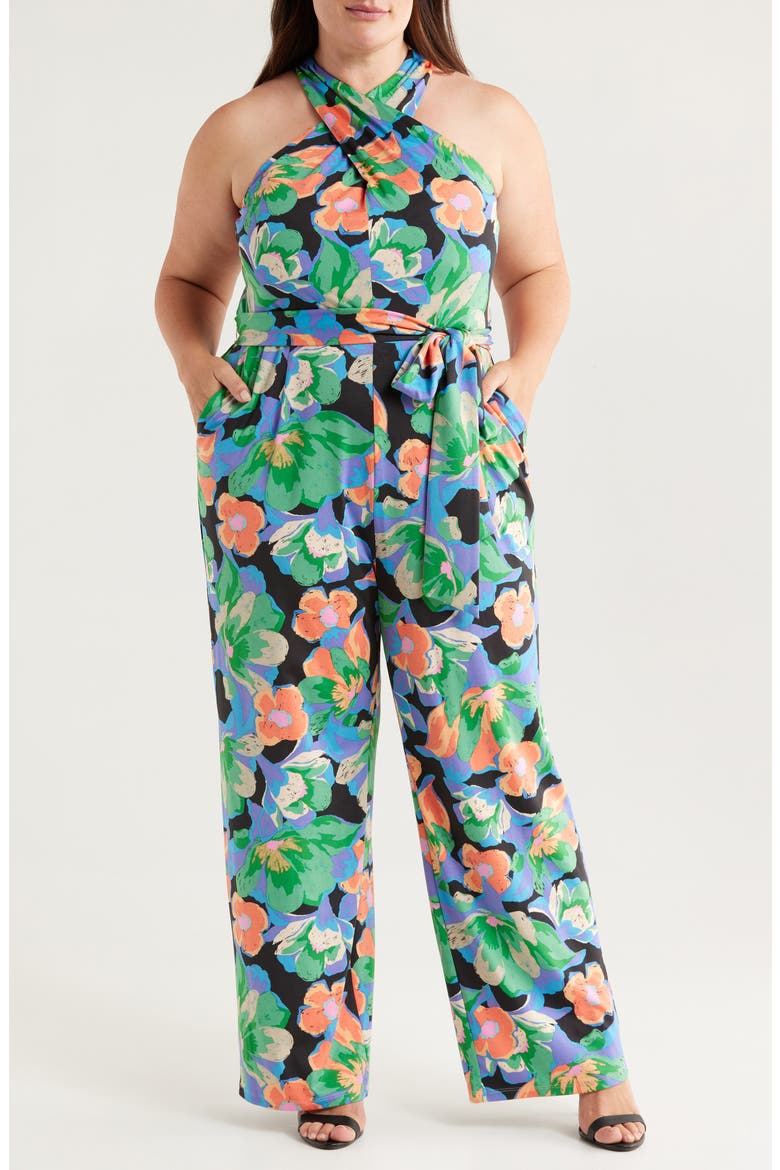 Print Twist Neck Tie Waist Sleeveless Jumpsuit, Main, color, BLACK MULTI