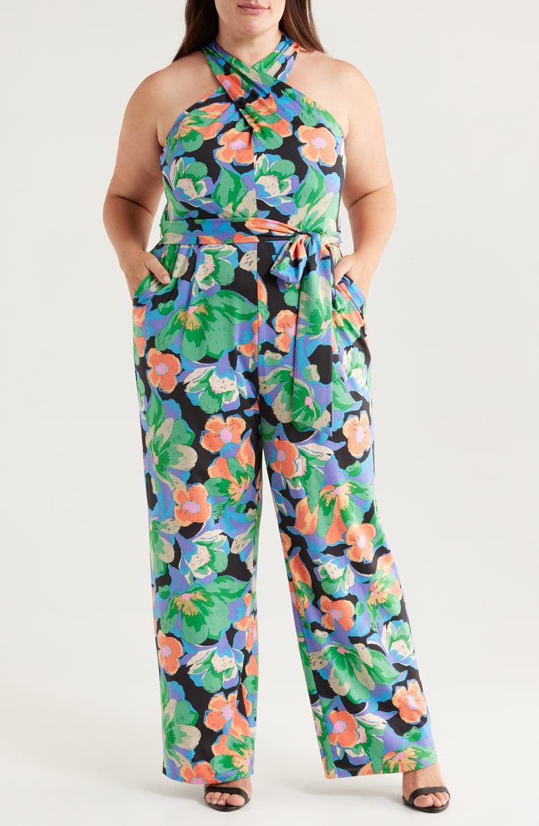 Tahari ASL Print Twist Neck Tie Waist Sleeveless Jumpsuit, Main, color, Black Multi