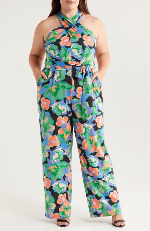 Print Twist Neck Tie Waist Sleeveless Jumpsuit (Plus)