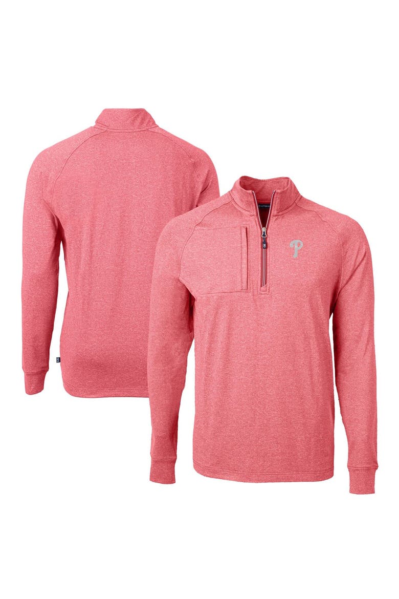 Men's Cutter & Buck Heather Red Philadelphia Phillies Adapt Eco Knit Stretch Recycled Quarter-Zip Pullover Top, Main, color, Heather Red