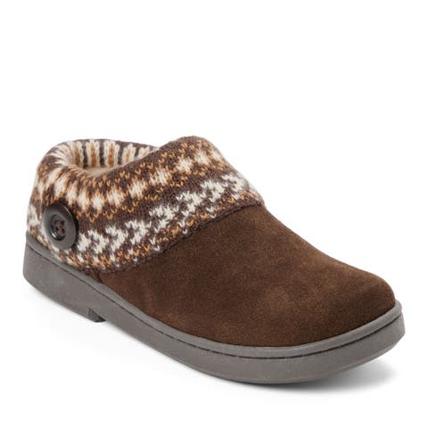 Suede Clog With Fair Isle Sweater Knit Cuff & Wood Button Slippers