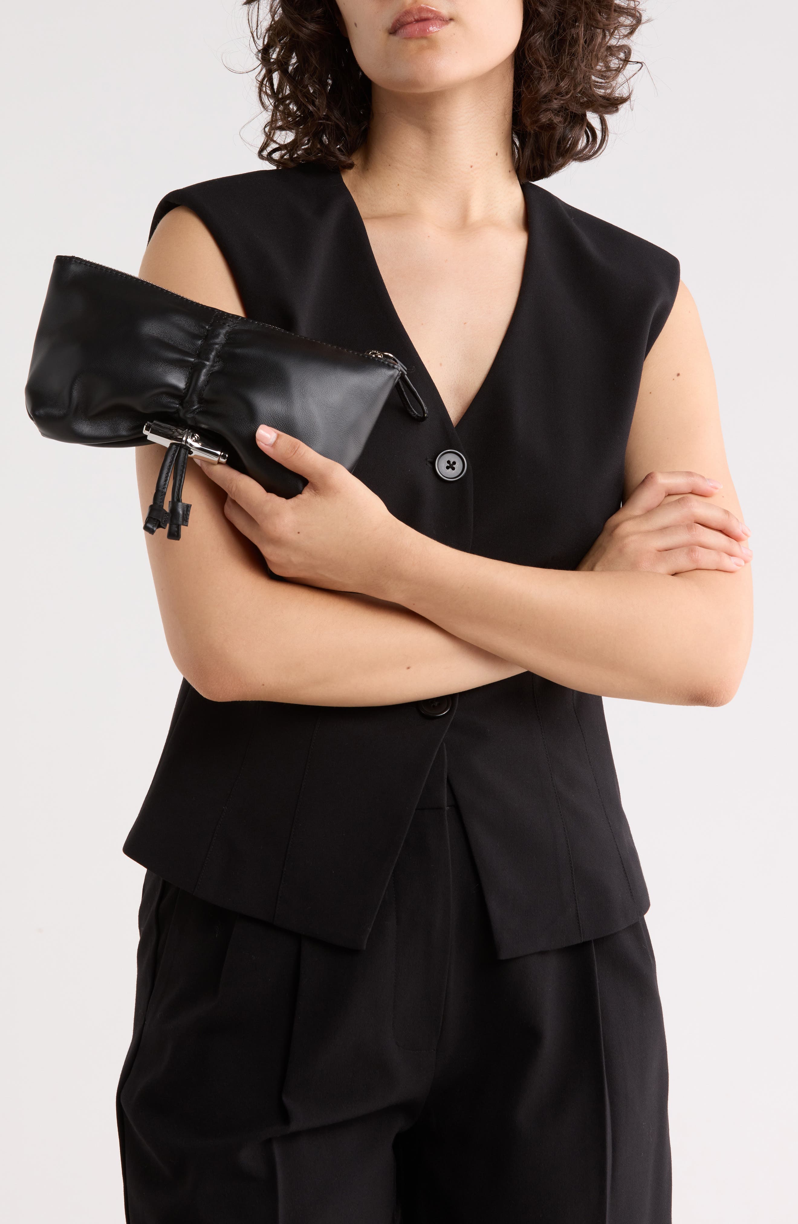 Longchamp Le Roseau Leather Clutch, Alternate, color, Black