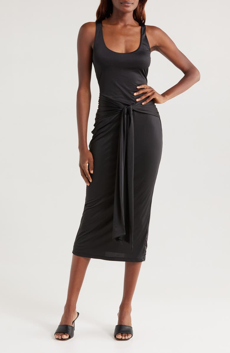 Good American Slinky Ruched Sleeveless Jersey Midi Dress, Main, color, Black001