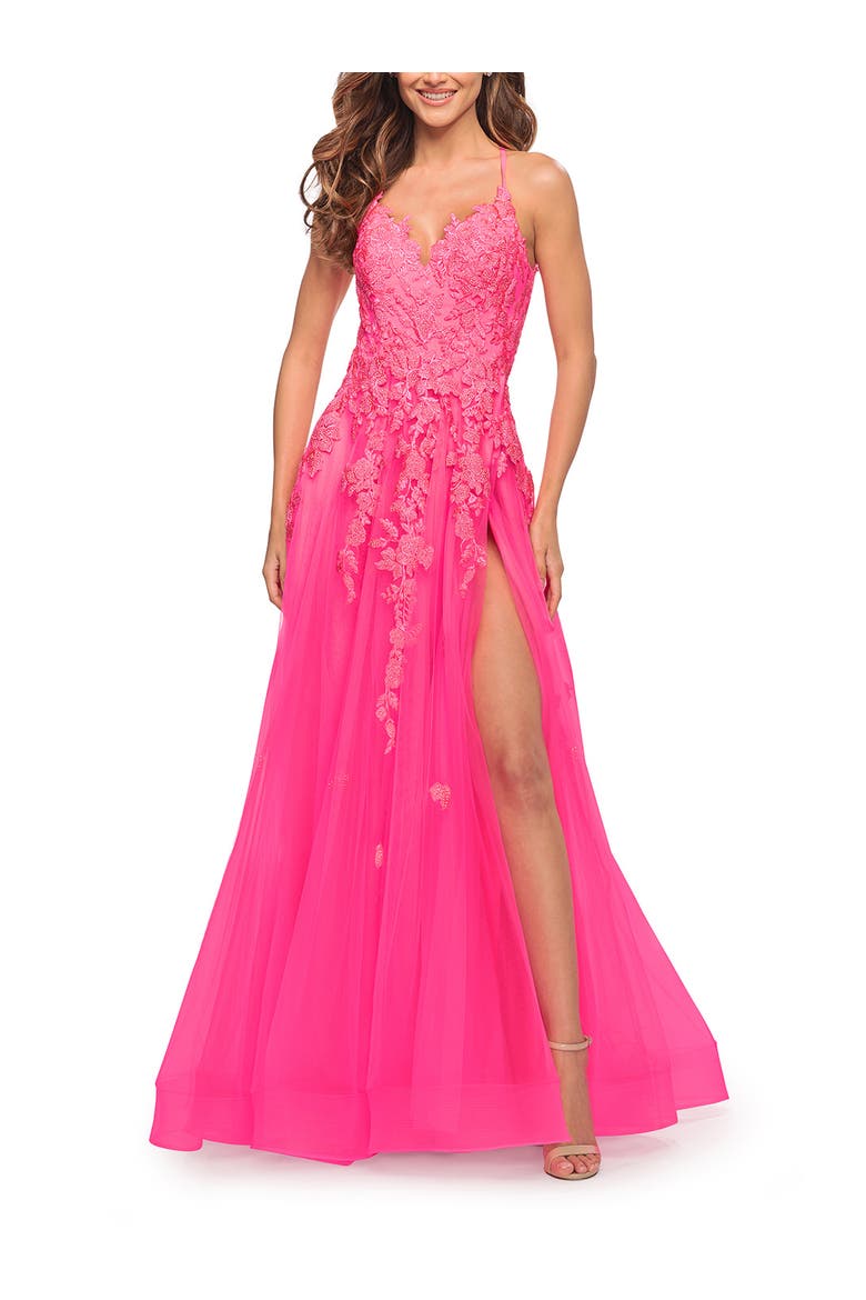 Gorgeous Lace and Tulle Ball Gown with High Slit in Neon Pink, Alternate, color, Neon Pink