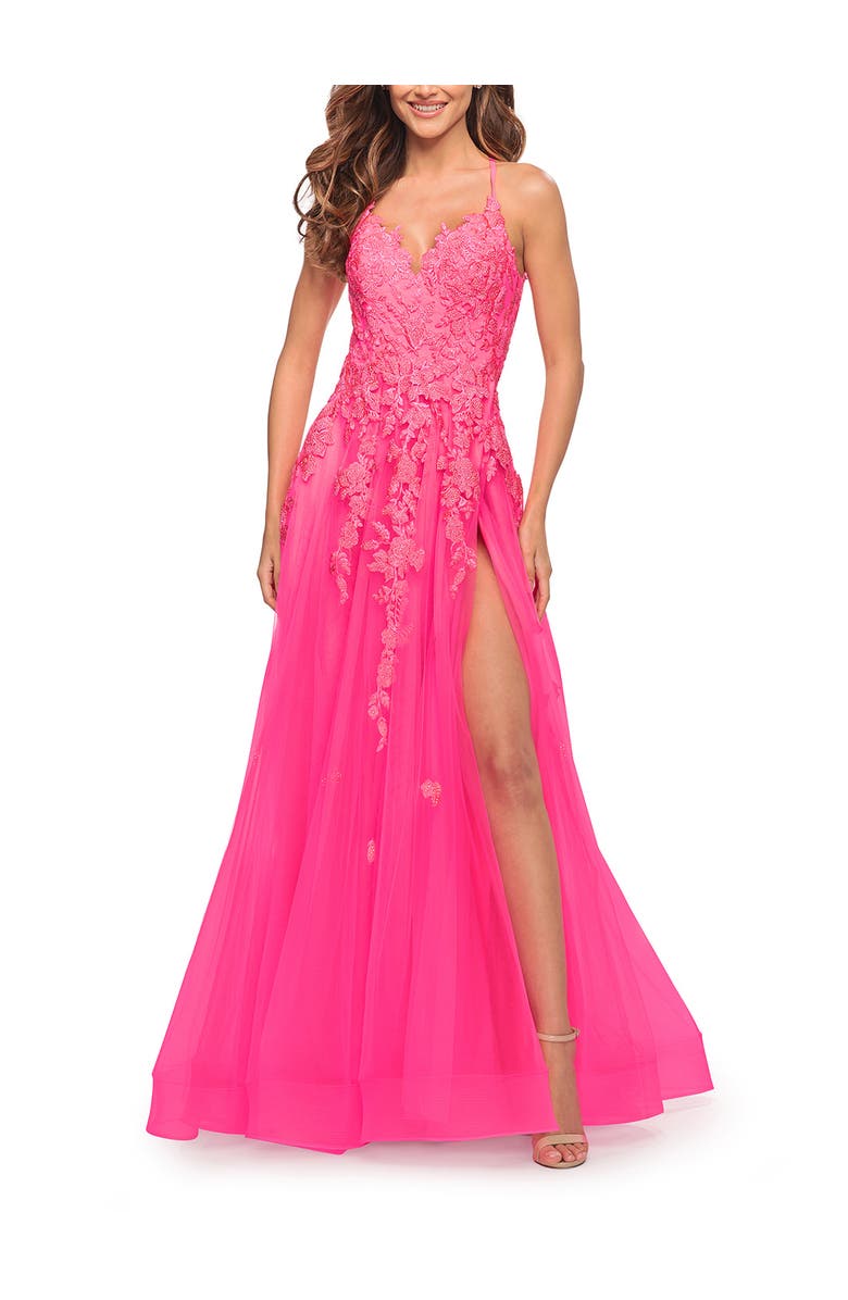 La Femme Gorgeous Lace and Tulle Ball Gown with High Slit in Neon Pink, Alternate, color, Neon Pink
