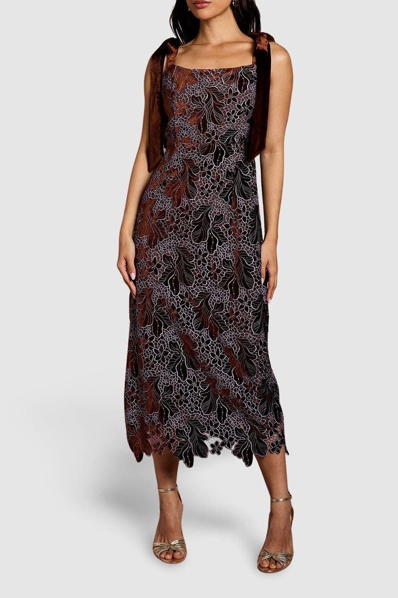 Velvet Lace Tie Shoulder Midi Dress, Alternate, color, Toffee