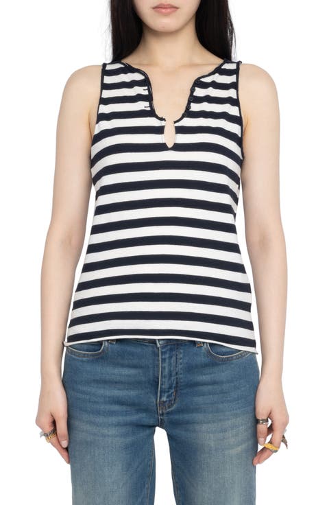 Stripe Keyhole Button Placket Tank