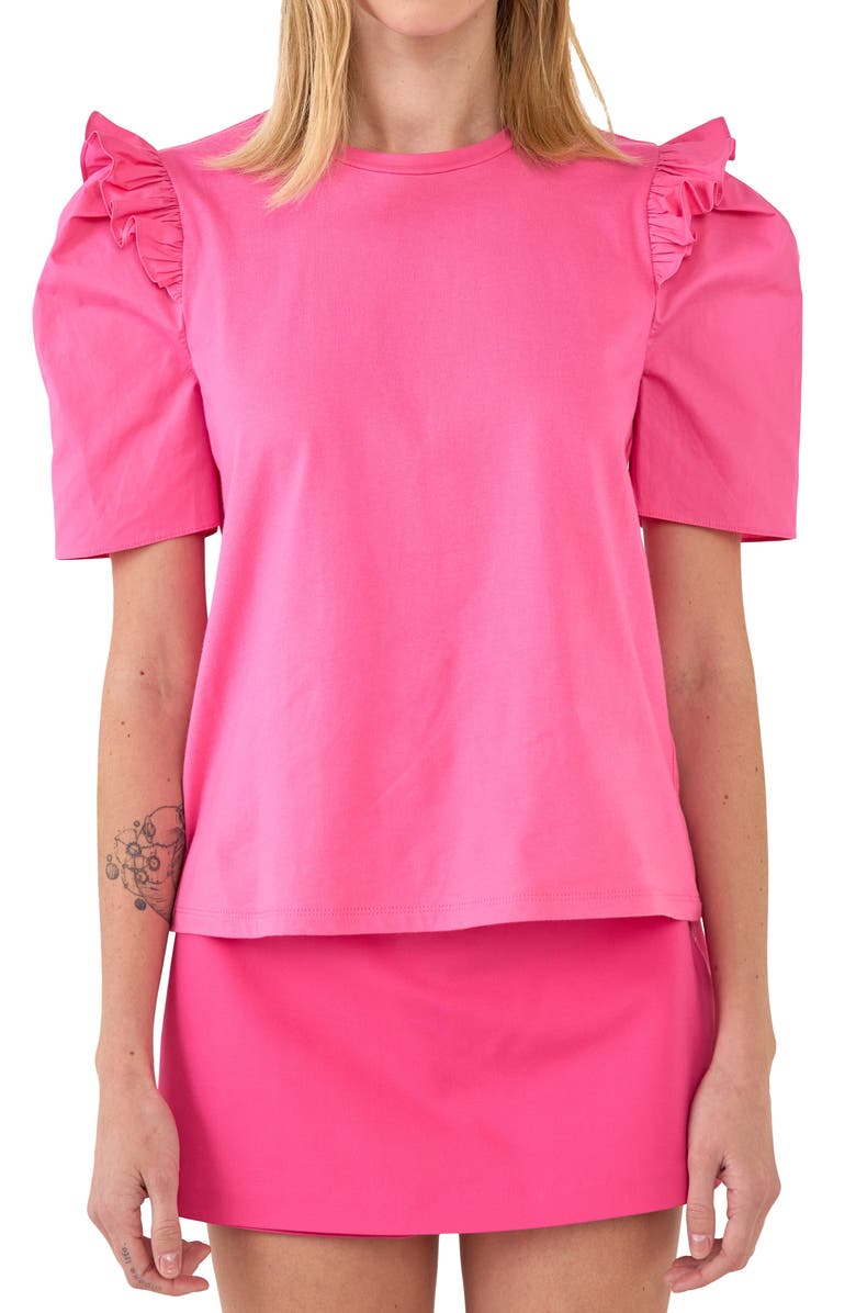 English Factory Mini Ruffle Puff Sleeve T-Shirt, Alternate, color, Hot Pink