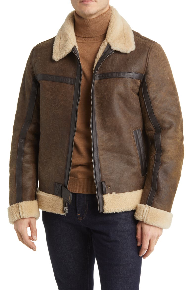 Leather Jacket with Genuine Shearling Trim, Main, color, DARK BROWN