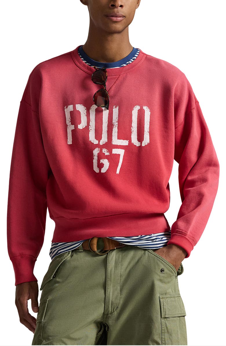 Polo Ralph Lauren Vintage Fit Fleece Crewneck Sweatshirt, Main, color, Sunrise Red
