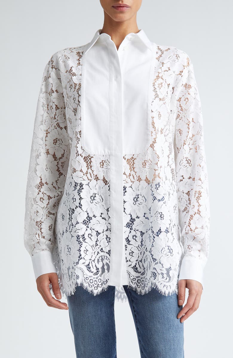 Michael Kors Collection Plastron Floral Lace Button-Up Shirt, Main, color,