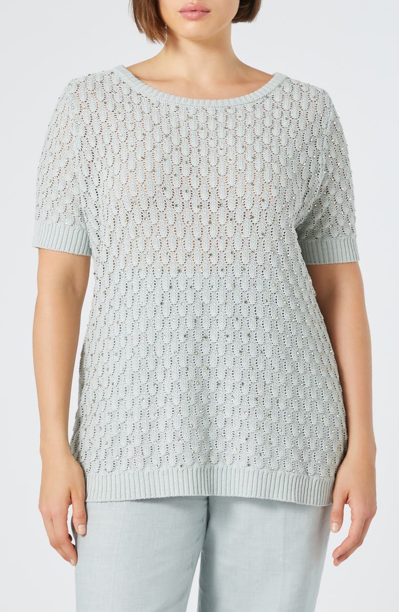 Marina Rinaldi Nerone Crystal Embellished Short Sleeve Sweater, Main, color, Sage Green