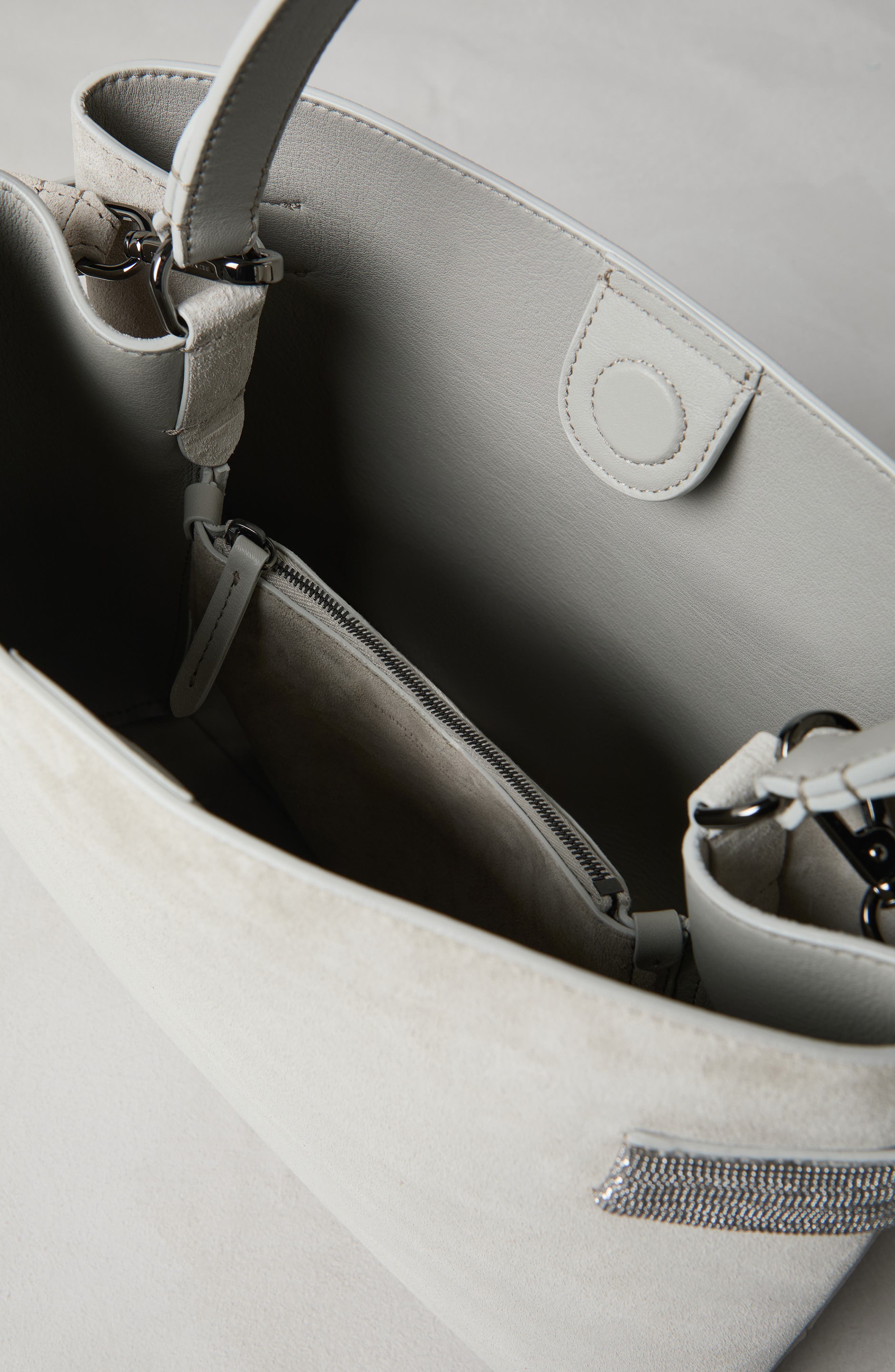 Brunello Cucinelli Essence top-handle bag in suede with precious bands, Alternate, color, 