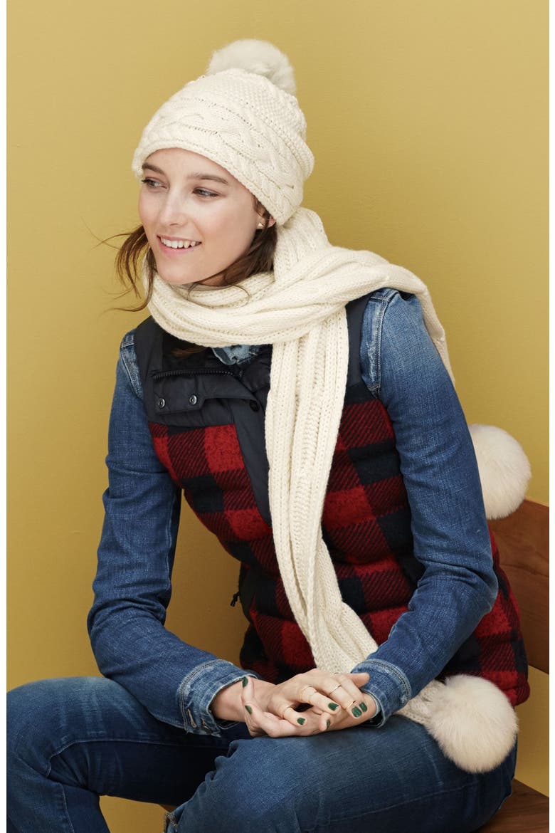 Cable Knit Genuine Shearling Pom Beanie, Alternate, color, BLACK
