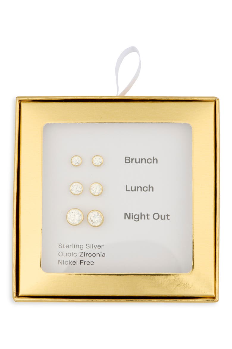 Set of 3 Bezel Stud Earrings, Main, color, CLEAR- GOLD