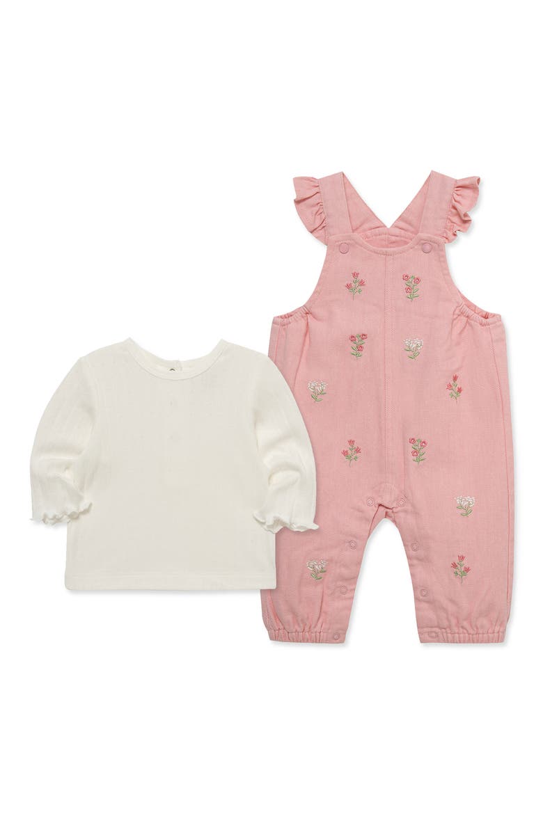 Pointelle Top & Floral Overalls Set, Alternate, color, PINK
