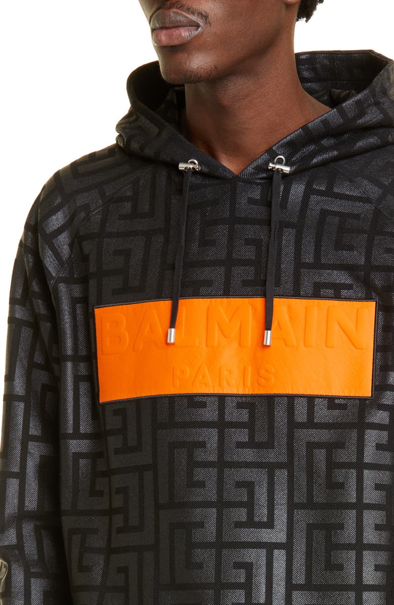 Balmain Men's Embossed Monogram Pullover Hoodie, Alternate, color, Noir Orange