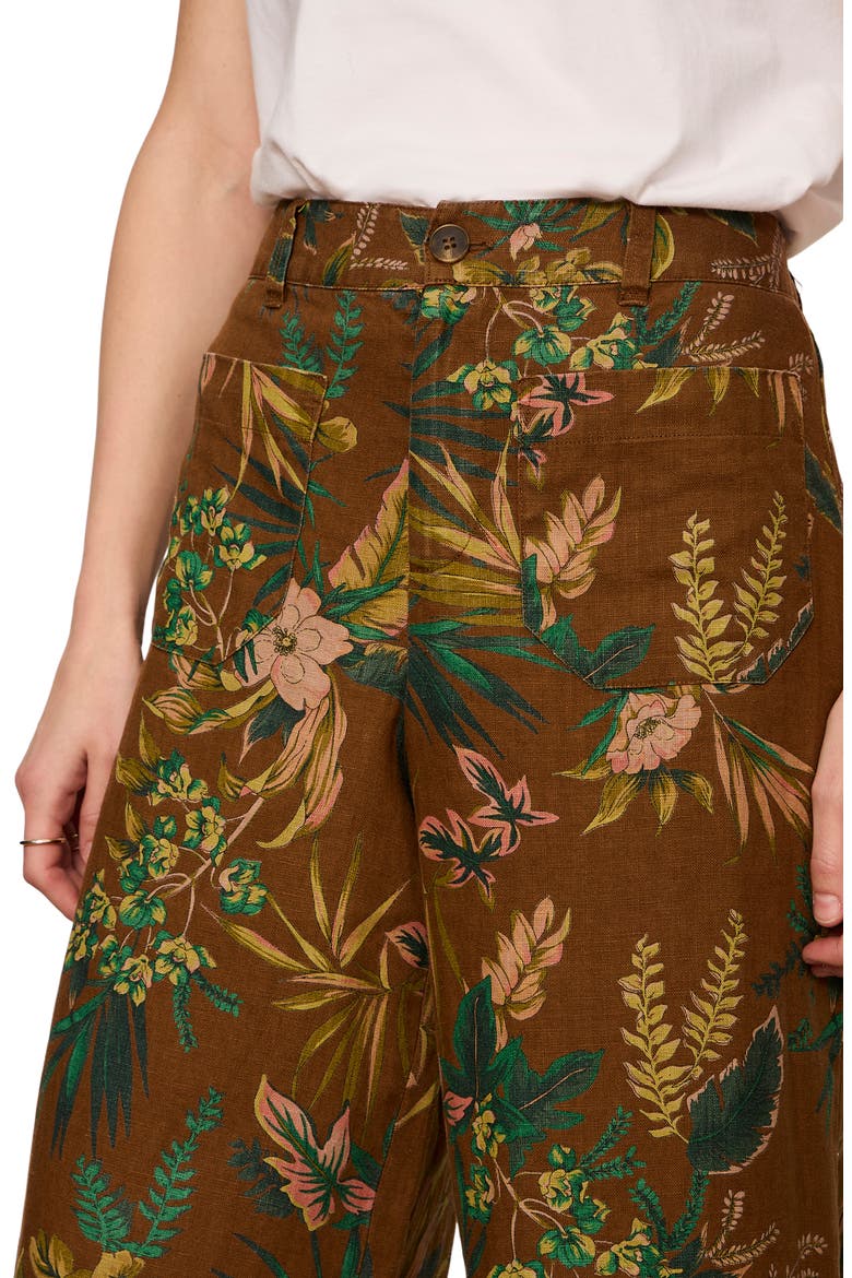 Floral Print Wide Leg Linen Pants, Alternate, color, VINTAGE IVY BROWN