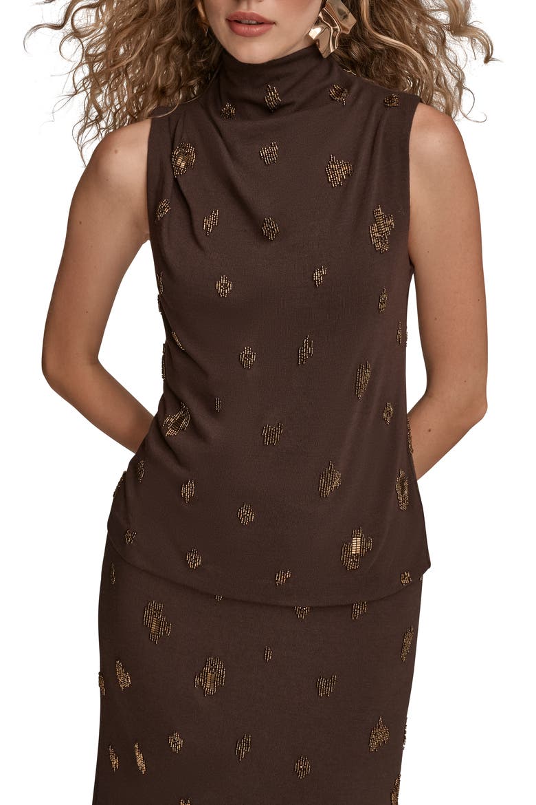 Embroidered Bead Sleeveless Funnel Neck Top, Main, color, CHOCOLATE PLUM