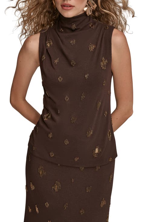 Embroidered Bead Sleeveless Funnel Neck Top