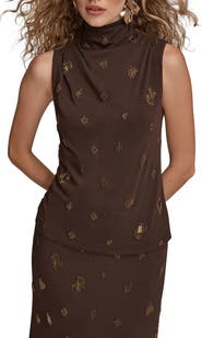 Donna Karan New York Embroidered Bead Sleeveless Funnel Neck Top