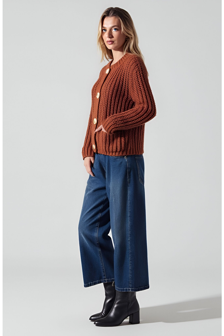 Chunky Ribbed Gold-Button Patch-Pocket Cardigan, Alternate, color, Rust