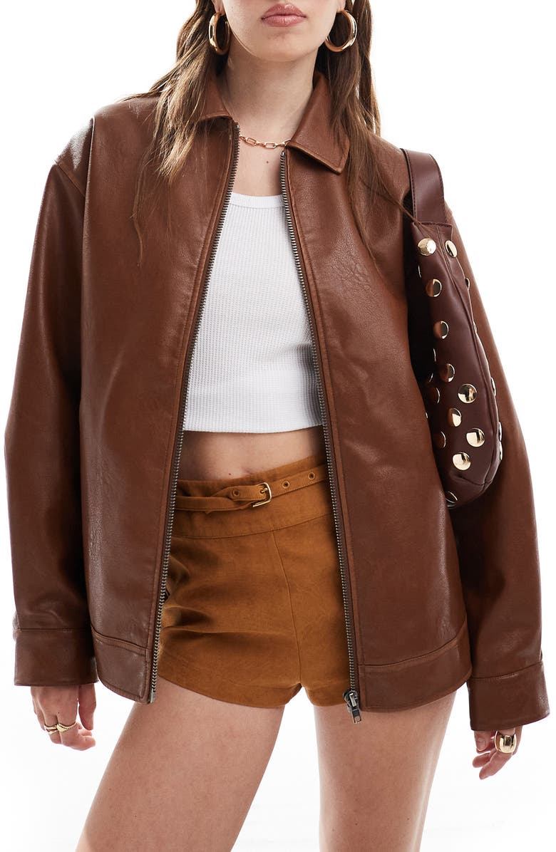 Miss Selfridge Oversize Faux Leather Bomber Jacket, Main, color,