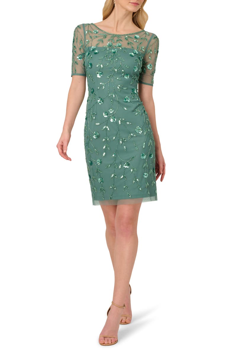 Adrianna Papell Floral Beaded Cocktail Dress, Main, color, Green Slate