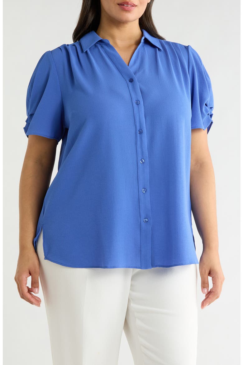 Gathered Short Sleeve Button-Up Shirt, Main, color, DUSTY COBALT