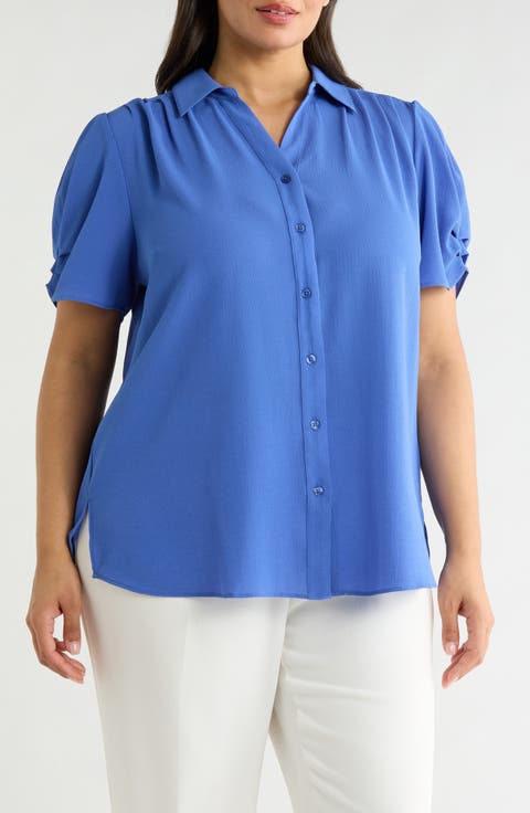 Gathered Short Sleeve Button-Up Shirt (Plus)