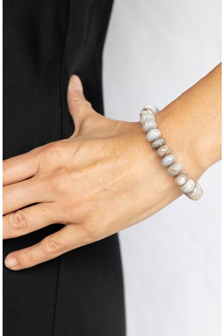 Cream Agate 10MM Bead Bracelet With Diamond Donut, Alternate, color, Sterling Silver / Cream Agate