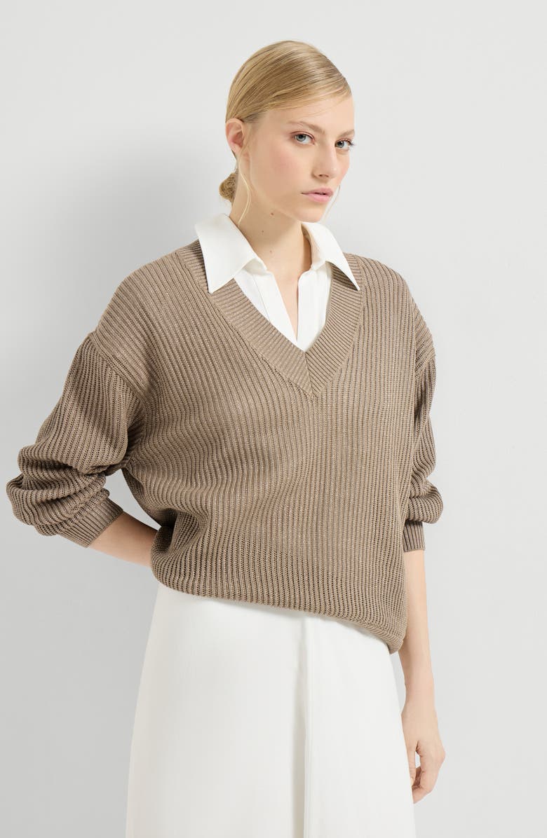 Brunello Cucinelli Ribbed net sweater, Alternate, color, Walnut