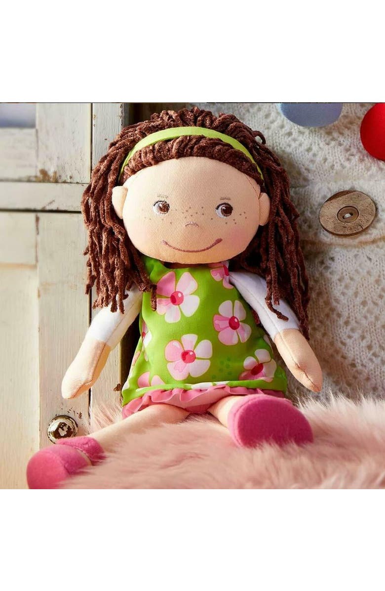HABA Coco 12" Soft Baby Doll with Brown Hair, Embroidered Face, Removable Green Dress, Matching Headband - Machine Washable Toddler Doll - 18 Months+, Alternate, color, Green Multi