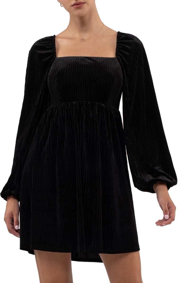 AUGUST SKY Long Sleeve Velvet Babydoll Minidress, Alternate, color, Black