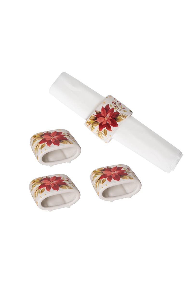 Red Poinsettia Christmas Decorative Napkin Ring Set of 4, Main, color, Orange