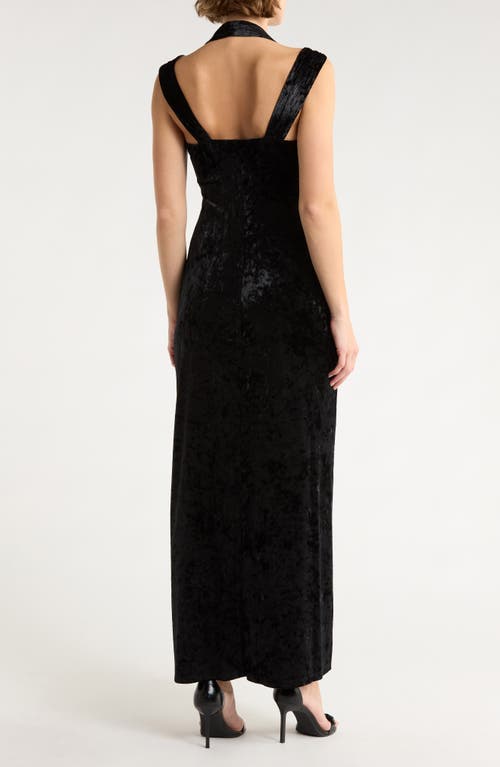 Connected Apparel Crystal Velvet Halter Gown In Black