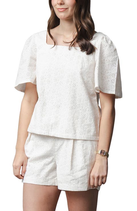Organic Flounce Sleeve Eyelet Top