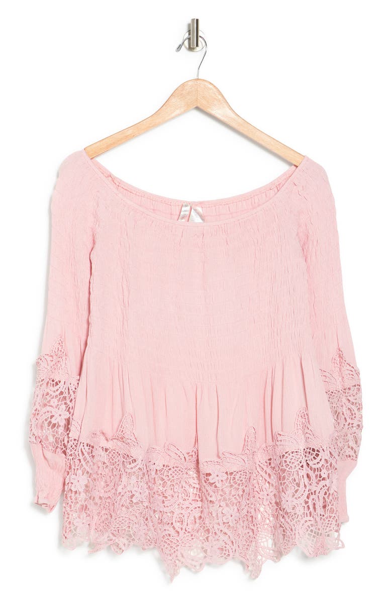 Forgotten Grace Crochet Trim Smocked Off-The-Shoulder Top, Alternate, color, Blush