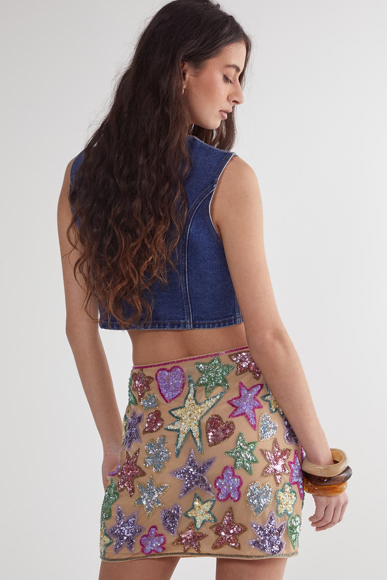 Hand Embellished Sequin Mini Skirt, Alternate, color, Nude
